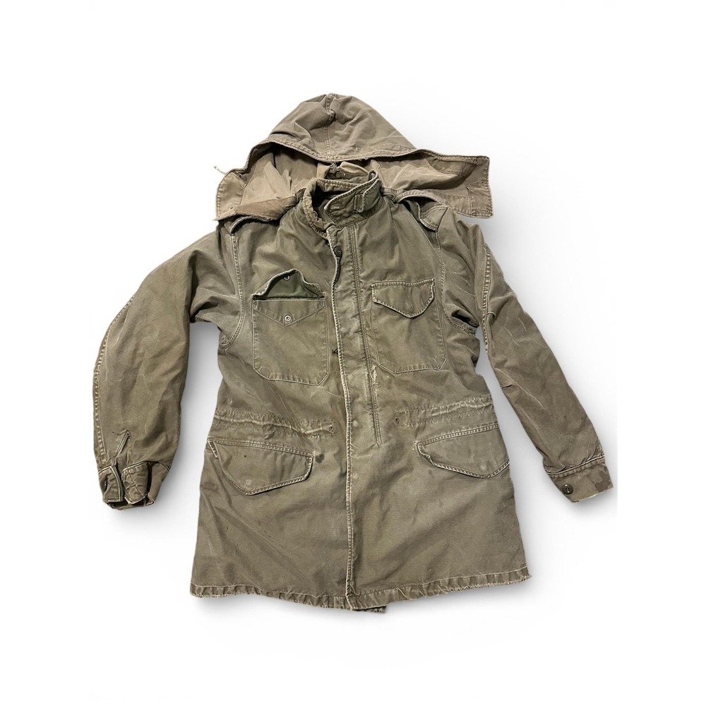 Vintage Military Coat Mens Medium Green Cotton OG 107 Field Parka Hooded Army